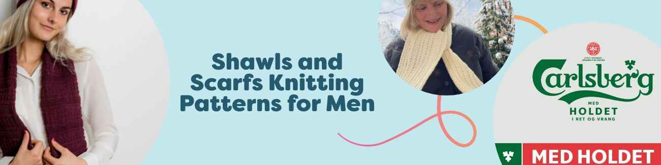 Man wearing a hand-knit wool scarf and shawl in neutral tones, highlighting textured stitches from Hobbii’s free men’s knitting patterns collection.