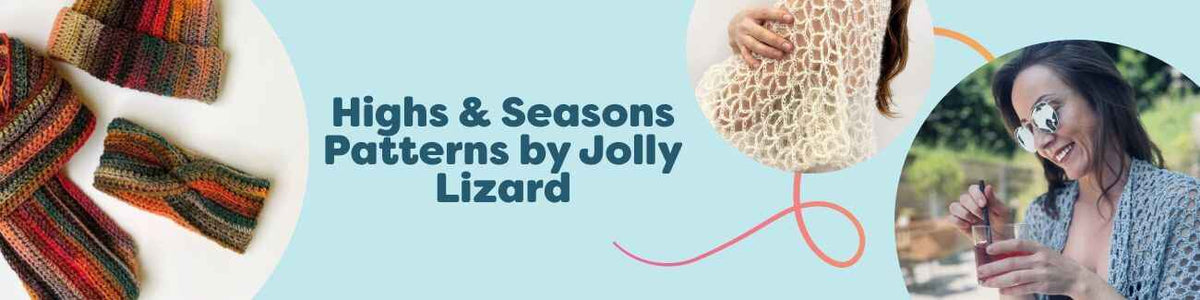 Collage of Jolly Lizard’s Highs & Seasons patterns at Hobbii: summer dress, bolero, cardigan, top, and cozy scarf-beanie-headband set.