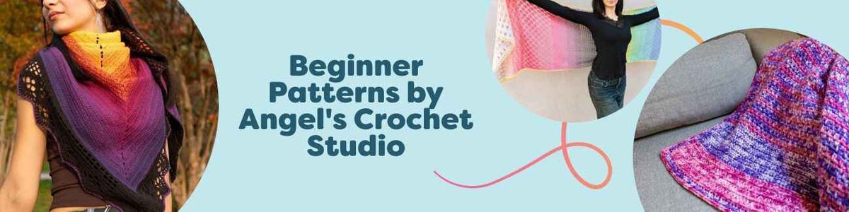 Collection image showing beginner crochet patterns by Angel's Crochet Studio at Hobbii: shawls, a blanket, a throw, and cute makes with suggested yarns.