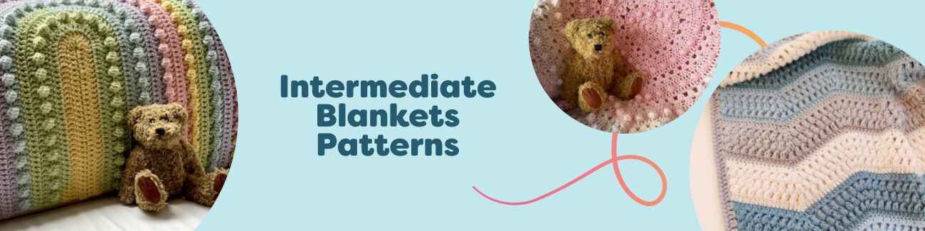 A curated selection of intermediate crochet blanket patterns from Hobbii, featuring textured stitches, stripes, and gradients for throws, baby blankets, and afghans.