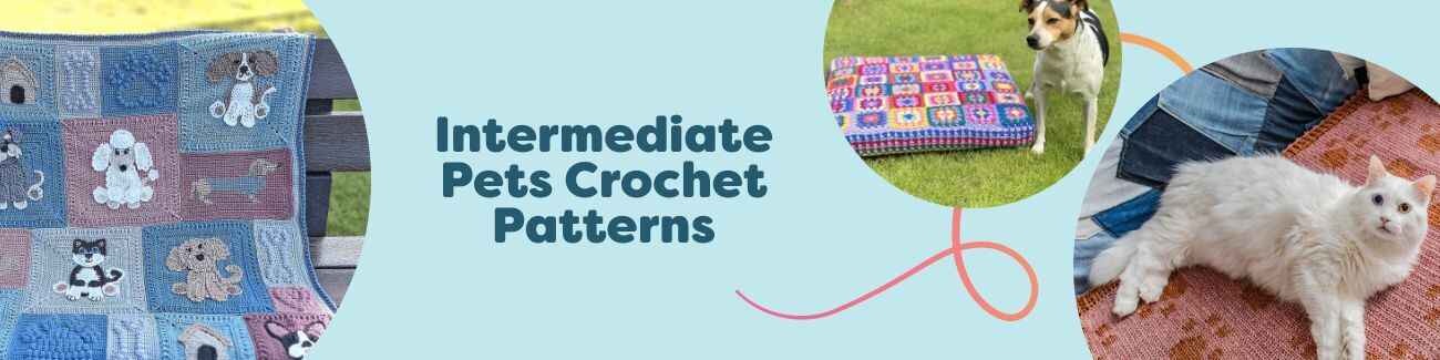 Selection of intermediate pets crochet patterns from Hobbii, featuring dog blankets, a cozy dog bed, and bandana neckerchiefs with coordinating yarn and hooks.