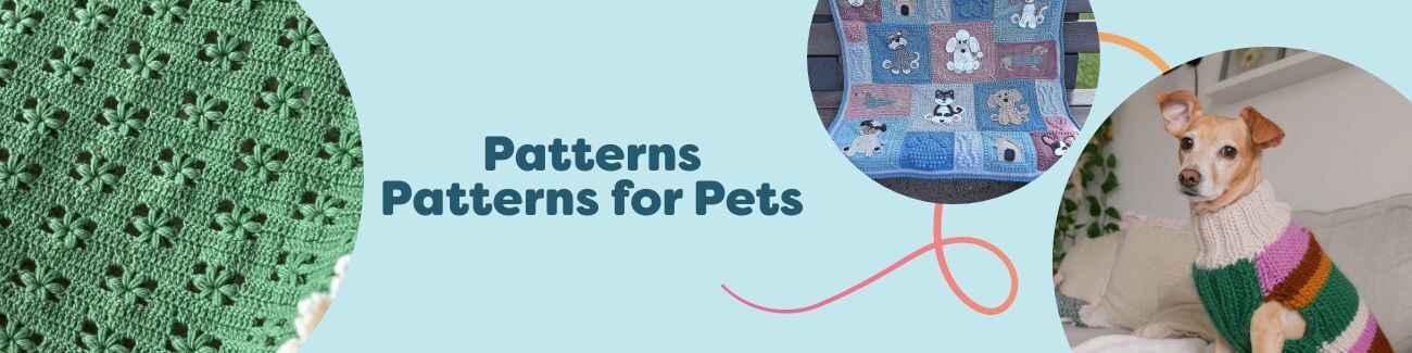 Collection of pet knitting and crochet patterns from Hobbii, featuring dog sweaters, blankets, beanies, and bandanas.