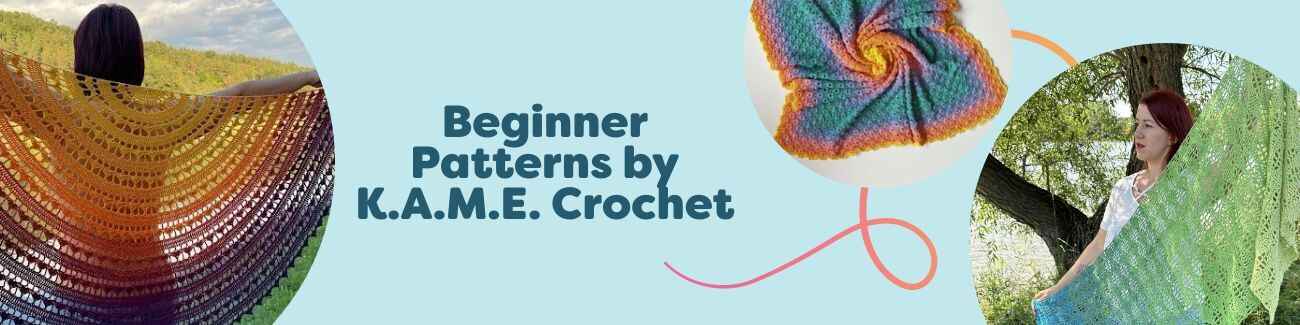 Collage of beginner-friendly K.A.M.E. Crochet patterns—shawls, baby blanket, doily, and fingerless gloves—styled with Hobbii yarn.