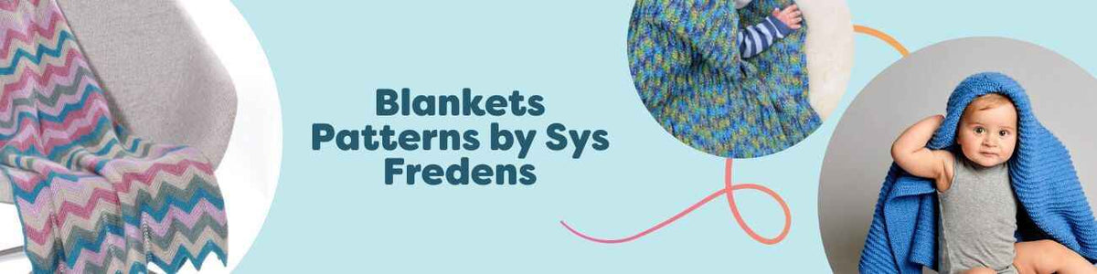 Collage of knit and crochet blanket patterns by Sys Fredens from Hobbii, featuring baby blankets, zig-zag and textured throws in soft yarns.