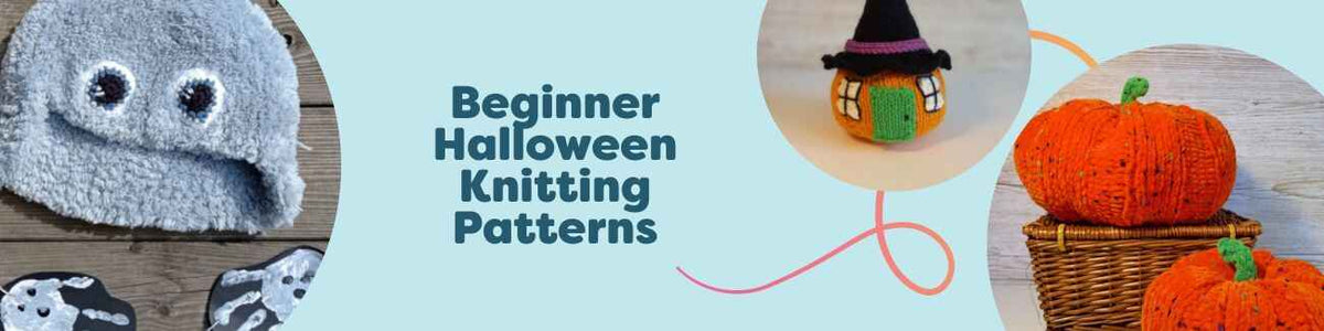 Collage of beginner-friendly Halloween knitting patterns from Hobbii: monster hat, pumpkin house decor, candy pumpkins, and tweedy pumpkins in cozy fall yarns.
