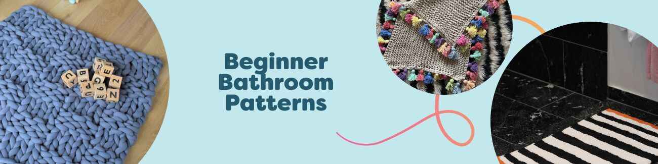 Assorted free beginner bathroom patterns from Hobbii—bath mats, storage baskets, and washcloths arranged with cotton yarn plus hooks and needles.