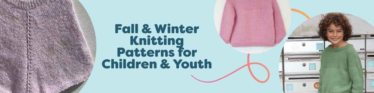 Collection image showing children wearing cozy fall and winter knitwear from Hobbii: cabled sweaters, ponchos, and beanies sized for kids and youth.