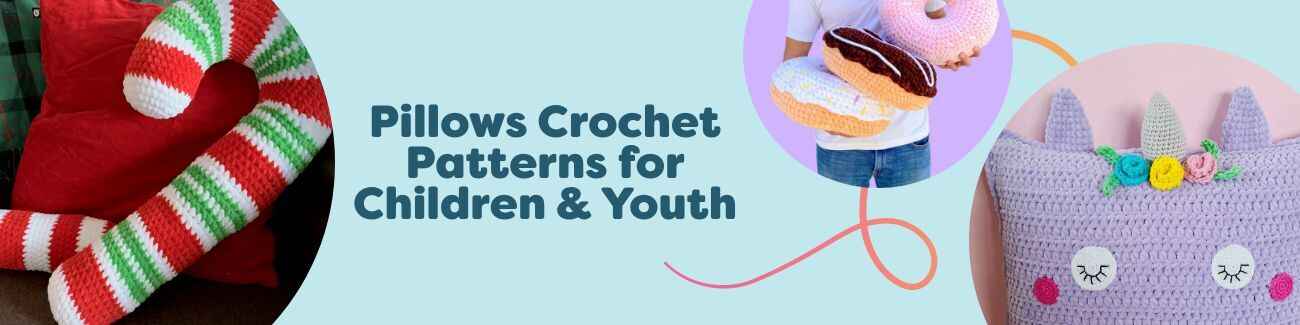 Colorful crochet pillow patterns for kids—unicorn, dinosaur, sloth, candy cane, and donut designs made with soft Hobbii yarns.
