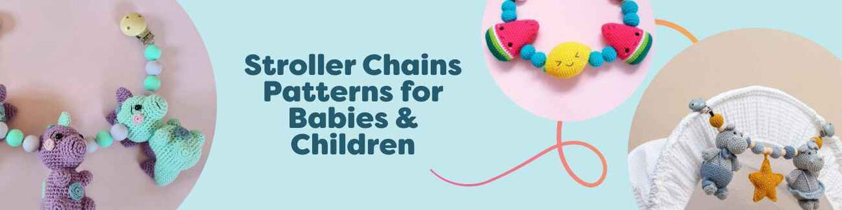 Collection of free crochet stroller and pram chain patterns with dinosaur, bunny, elephant, and fruit motifs from Hobbii, ideal for babies and kids.