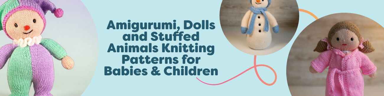 Knitted amigurumi toys, dolls and stuffed animals for babies and children, including Binky Clown and Buddy the Snowman, made with Hobbii yarn.