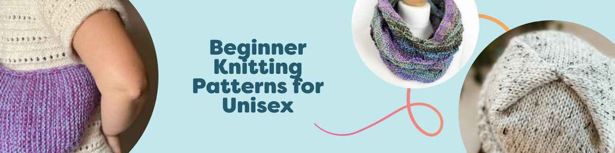 Beginner-friendly unisex knitting patterns by Hobbii—hats, snoods, scarves, and a simple bag styled on models in soft, neutral yarns.
