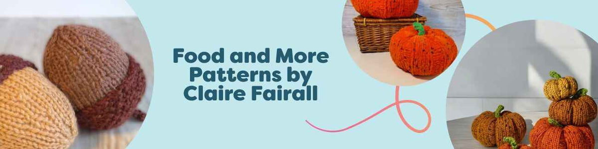 Free food-themed crochet patterns by Claire Fairall showing amigurumi pumpkins and acorns made with Hobbii yarns, ideal for intermediate makers.