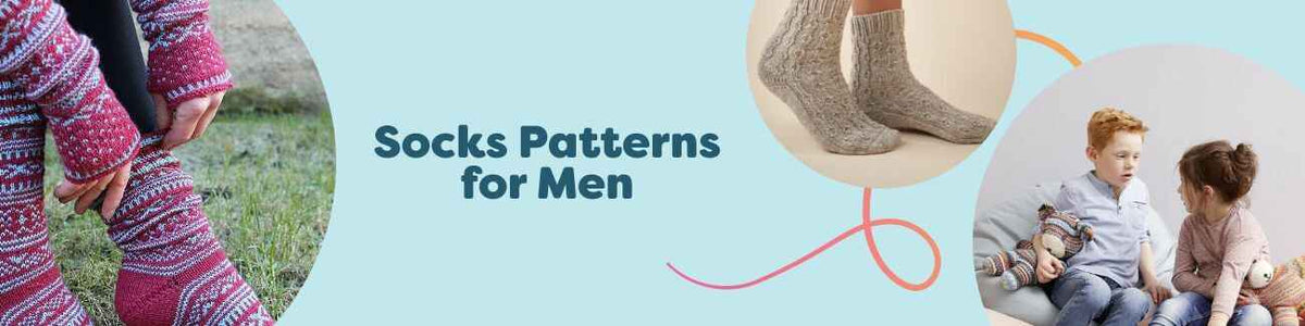 Assorted men's socks in ribbed, colorwork, and textured styles, showing free knitting and intermediate crochet patterns from Hobbii.