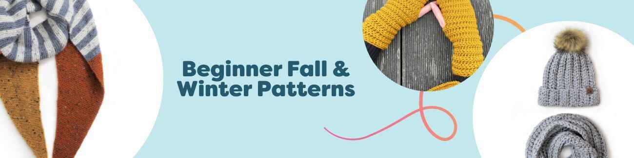 Beginner fall and winter knitting and crochet patterns collection featuring cozy scarves, beanies, wrist warmers, fingerless gloves, and family hats by Hobbii.