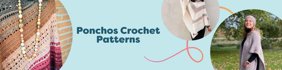 Assorted crochet poncho and ruana patterns displayed in neutral and pastel yarns, showcasing textured stitches, fringe, and draped silhouettes by Hobbii.