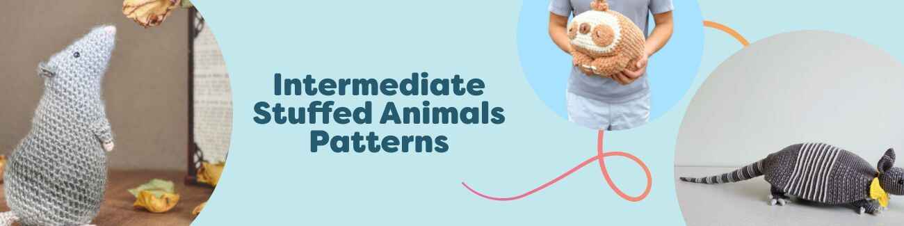Intermediate amigurumi stuffed animal patterns: octopus, sloth, armadillo, rat, and pterodactyl toys in colorful Hobbii yarns.