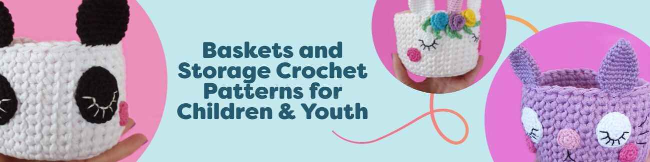 Collection of kawaii animal crochet baskets—panda, unicorn, cat, pig, and bunny—for kids’ room storage made with soft yarns.