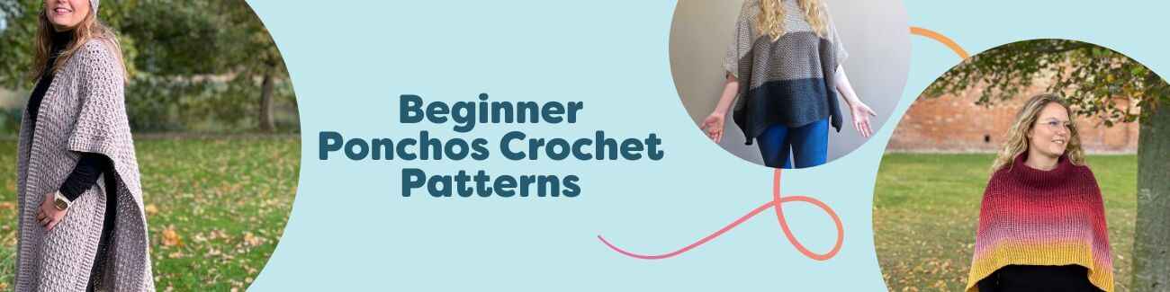 Assortment of beginner-friendly crochet poncho patterns from Hobbii, including ruanas, airy spring styles, and textured looks with soft yarn skeins.