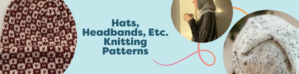 Selection of knitted hats, ribbed headbands, and a balaclava made with Hobbii yarn, showing various stitches, colors, and sizes.