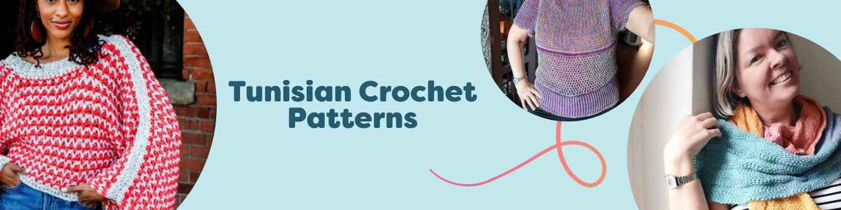 Collage of free Tunisian crochet patterns from Hobbii: poncho, T-shirt, scarf, beaded shawl, and cardigan in modern yarn colors.