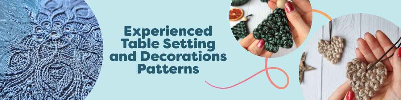 Curated collection of intermediate crochet table décor patterns from Hobbii—mandalas, a Fair Isle dining set, and Jasmine ornaments styled on a welcoming table.