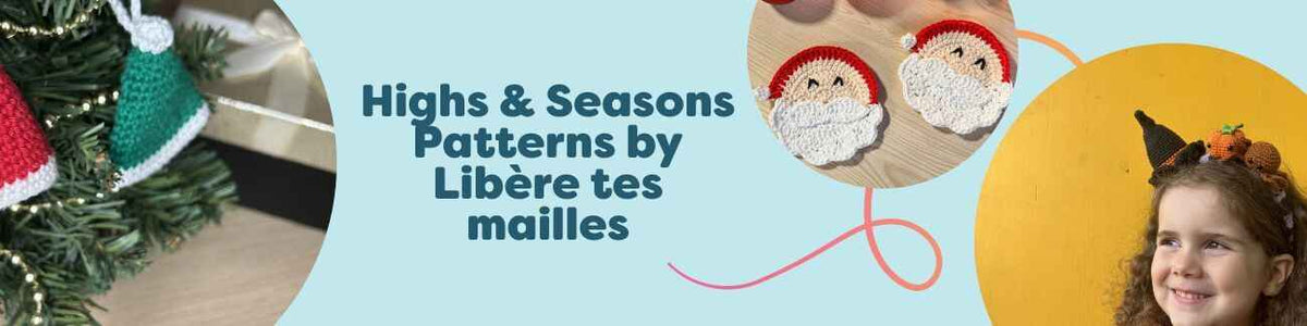 Seasonal crochet designs by Libère tes mailles—Rudolf hat, Santa coaster, Christmas hat ornament, and a textured headband made with Hobbii yarn.