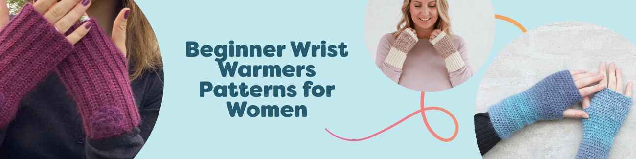 Selection of women's knit wrist warmers and mittens in soft yarns, beginner-friendly free patterns from Hobbii.