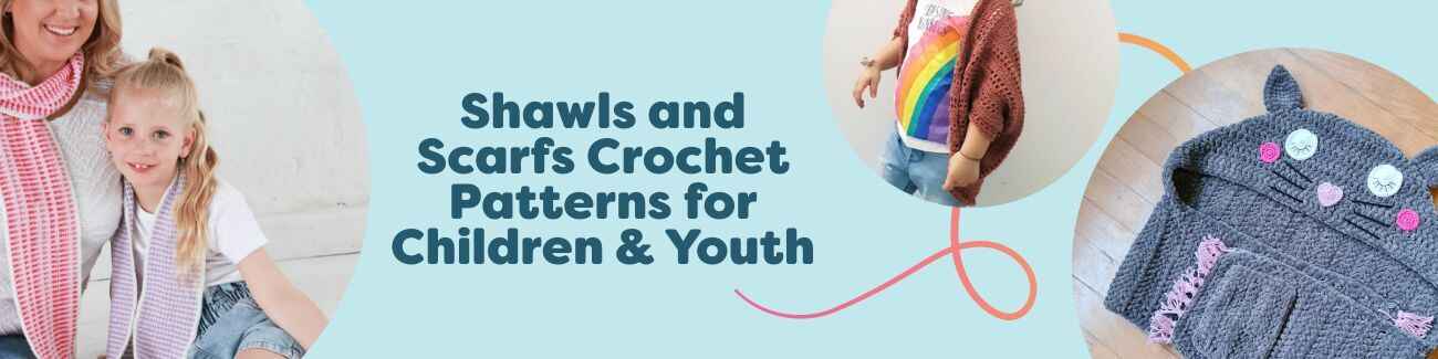 A selection of free crochet shawls, scarves, and shrugs for children and youth—featuring a Unicorn Scarf, Cat Scarf, Wrenley scarf, and a pastel shawl—styled with Hobbii yarn.