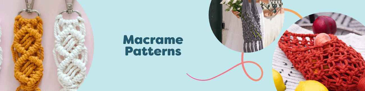 Hobbii Macrame Patterns: wall hanging, market tote bag, key hanger, and fruit net made with cotton cord.