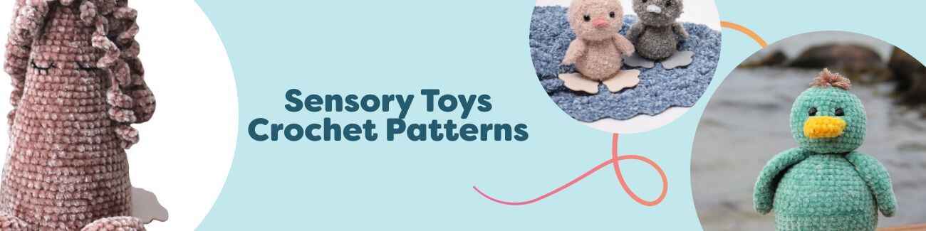 Assorted crochet sensory toys—textured fish, cone, and curly duckling in bright yarns—arranged together; free patterns from Hobbii.