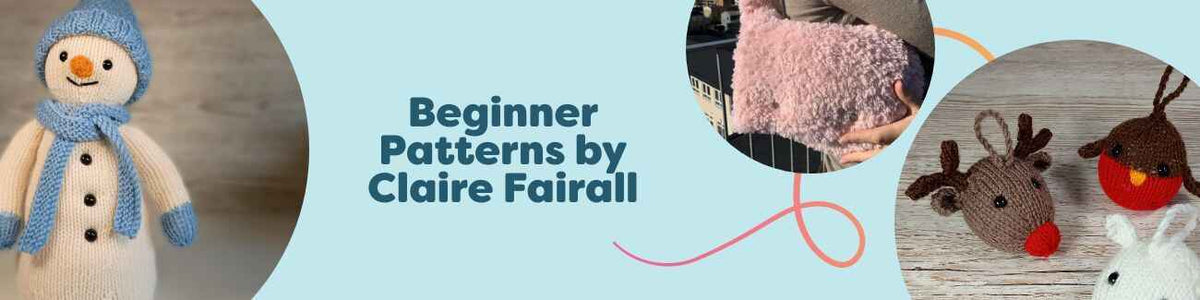 Collage of free beginner crochet patterns by Claire Fairall from Hobbii: snowman amigurumi, festive ornaments, pumpkin house, acorns, and a simple bag.