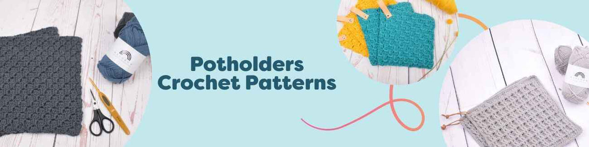 Assorted free crochet potholder patterns from Hobbii in a grid: C2C, basketweave 8/8 cotton, ribbon, bobble, and Christmas designs in bright colors.