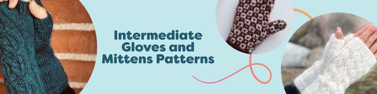 Assorted intermediate knitting and crochet gloves, mittens, and wrist warmers from Hobbii, featuring textured stitches, stripes, and colorwork on a neutral backdrop.