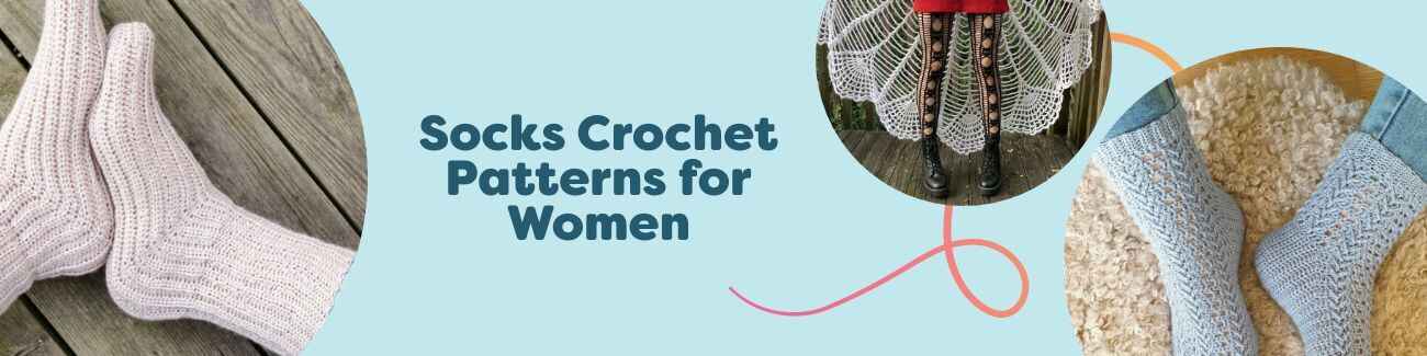 Assorted women’s crochet socks laid flat: ribbed, lace, herringbone, and twisted-stitch styles in soft Hobbii yarns, from ankle socks to knee-high stockings.
