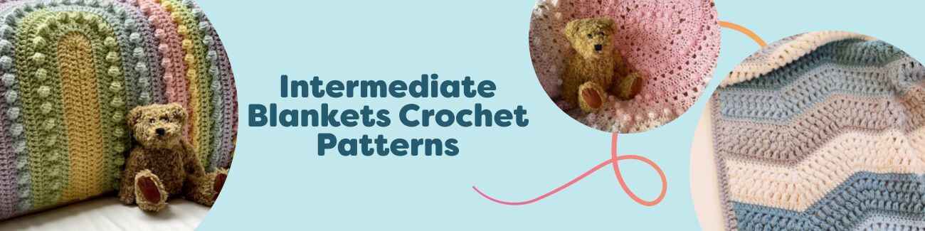 Intermediate crochet blanket patterns from Hobbii shown as assorted colorful throws, baby blankets, and textured afghans with yarn.