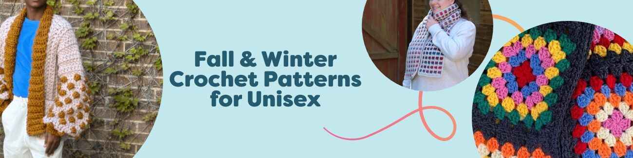 Free unisex fall and winter crochet projects—scarves, hats, and a bobble cardigan—styled in neutral tones with Hobbii yarns.