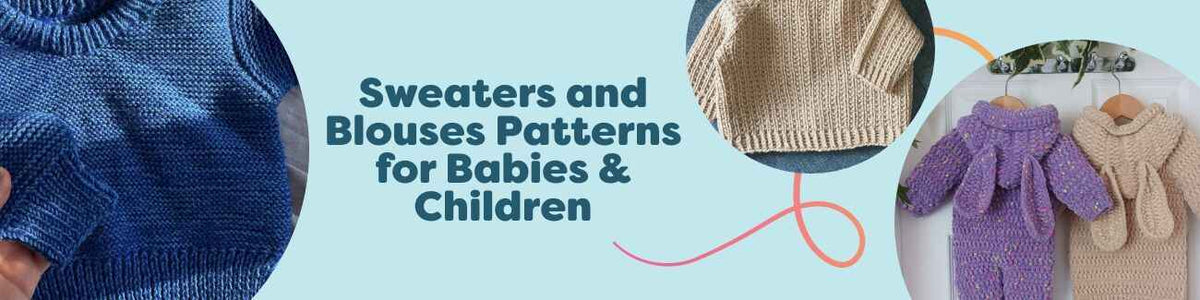 Baby and children sweaters, blouses, rompers, and snowsuits displayed as knitting and crochet patterns from Hobbii, made with soft, baby-safe yarns.