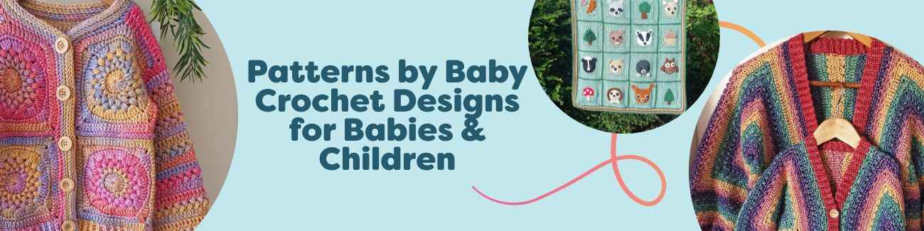 Assorted baby and children crochet patterns by Baby Crochet Designs at Hobbii, featuring cardigans, hoodie, hexagon cardigan, overalls/dress, and a baby blanket.