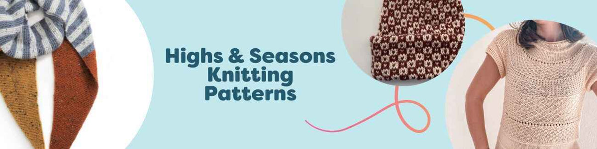 Highs & Seasons knitting patterns by Hobbii: scarves, beanies, tees, ponchos, and cardigans displayed with matching yarn.