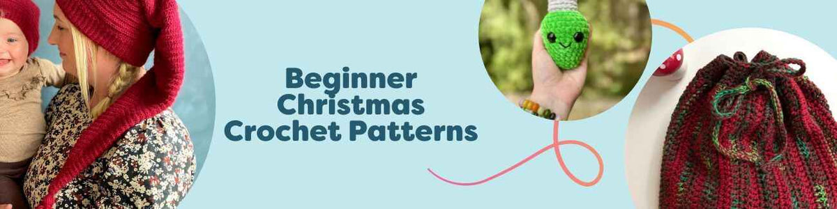 Beginner Christmas crochet patterns on a festive table: pixie hats, loopy star garlands, ornaments, and a gift bag made with Hobbii yarn.