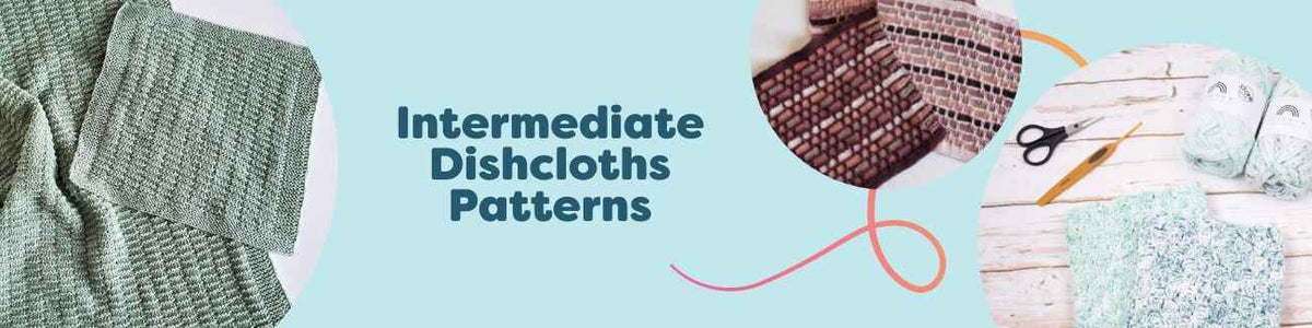 Selection of intermediate crochet dishcloth and kitchen towel patterns by Hobbii, featuring C2C and textured stitches in stonewash cotton, styled with yarn and hooks.