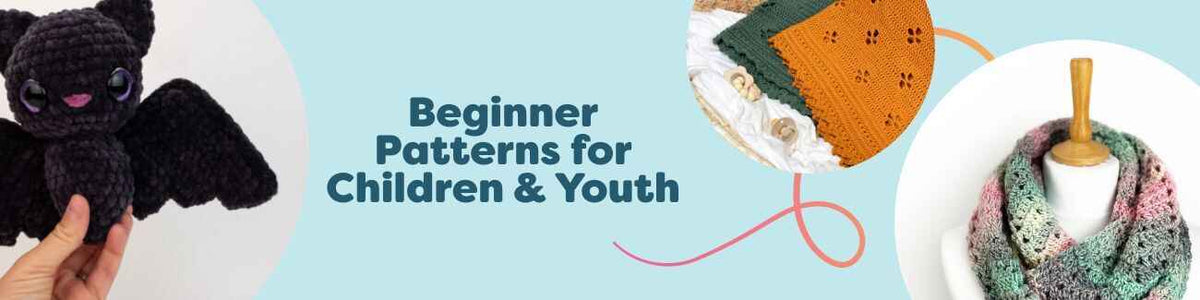 Beginner-friendly knit and crochet projects for kids and teens from Hobbii: amigurumi bat, baby blanket, infinity scarf, and book cozy in soft, colorful yarns.
