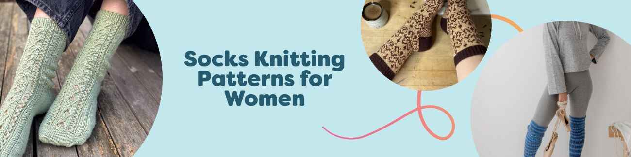 Assorted women's knit socks in ribbed, cable, and Fair Isle styles, plus matching legwarmers, photographed with Hobbii yarn and needles.