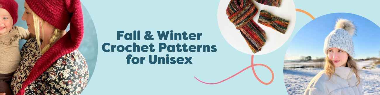 Flat lay of unisex fall and winter crochet patterns from Hobbii: chunky hats, beanies, scarves, headbands, and mittens in cozy neutrals and festive reds.
