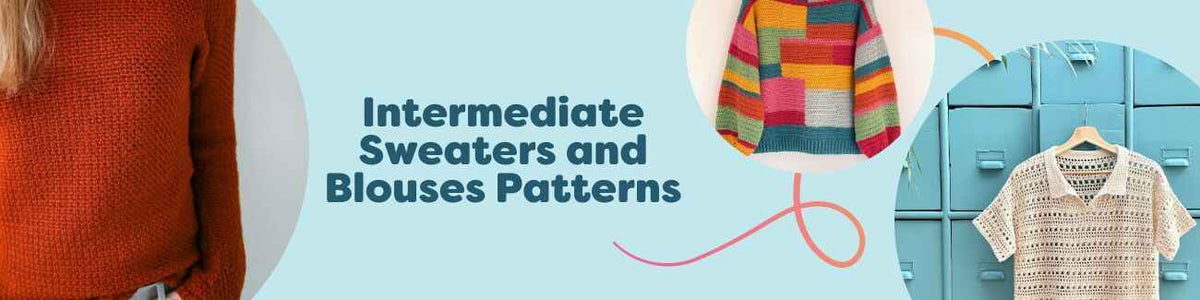 A grid of Hobbii intermediate knit and crochet sweater, blouse, and tee patterns showcasing colorwork, cables, and textured stitches.