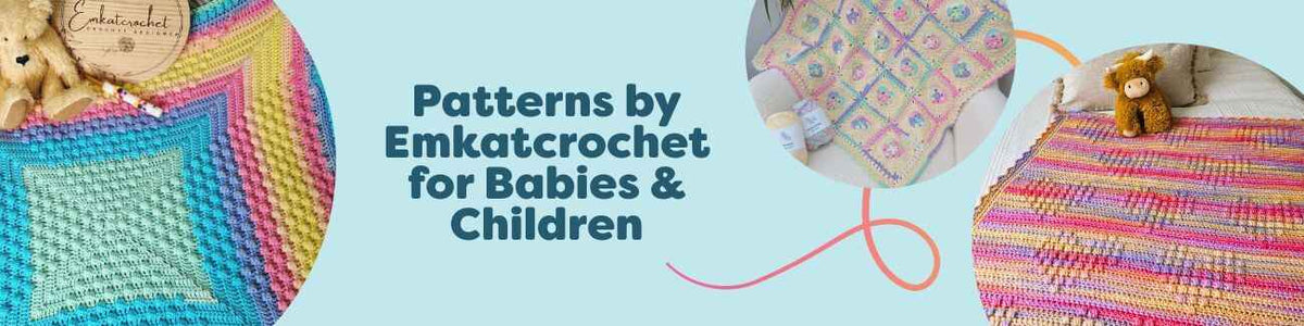 Emkatcrochet baby and kids crochet patterns from Hobbii, featuring colorful baby blankets with hearts and bobbles.