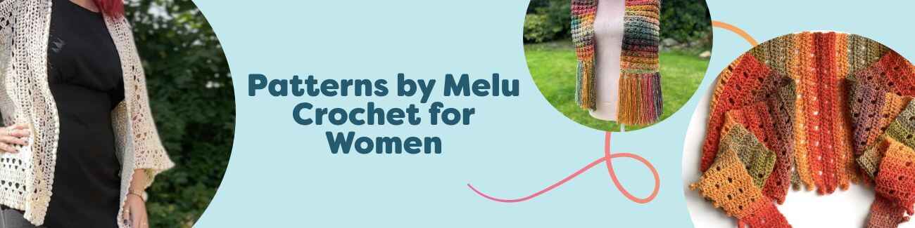 Grid of Melu Crochet patterns for women featuring cardigans and scarves, styled as cozy wearable layers at Hobbii.