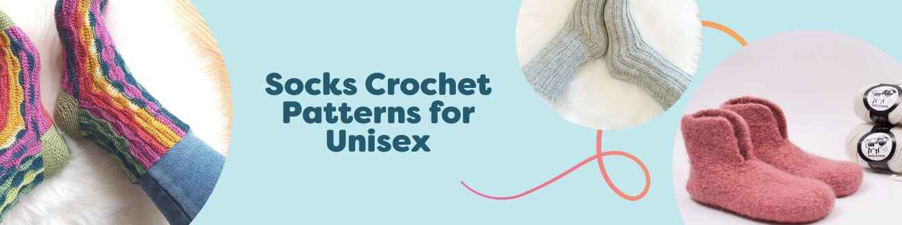 Unisex crochet sock patterns displayed on models—ribbed socks, wave socks, felted slippers, and legwarmers in neutral and bright Hobbii yarns.