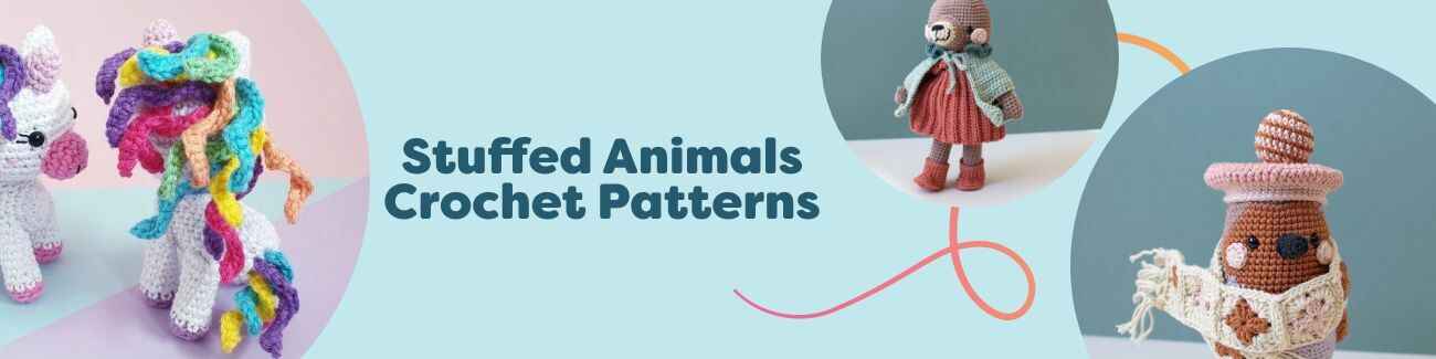 Collage of free stuffed animal crochet patterns (amigurumi) from Hobbii featuring unicorn, deer, robin, hare, and other soft toy designs.
