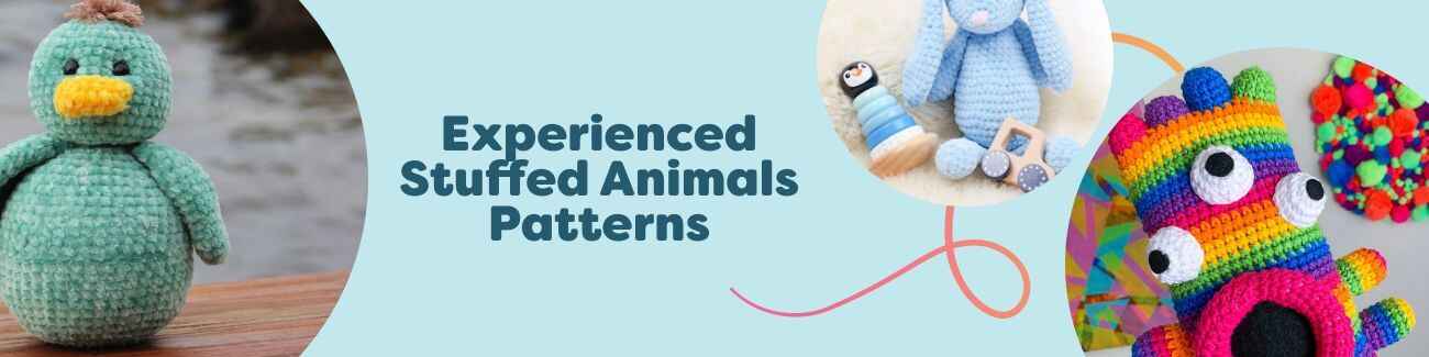 Selection of intermediate stuffed animal crochet patterns from Hobbii featuring bunnies, monsters, and dolphins beside colorful yarn and hooks.